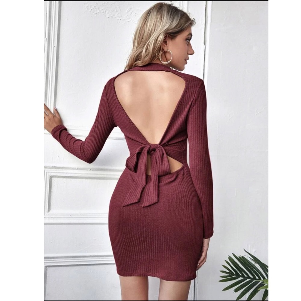 Ribbed Open Tie Back Bodycon Sweater Dress